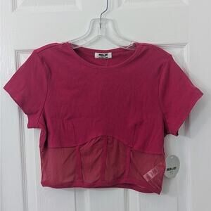 Y2K Magenta Corset Crop Top | Mesh Panel Baby Tee | Festival Rave Fairycore